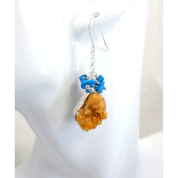 Natural Rough Citrine Turquoise Sterling Silver Dangle Earrings Healing Jewelry - Picture 2 of 8
